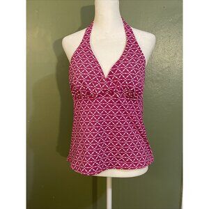 Lands’ End Pink Geometric Print Halter Tie Tankini Swim Top Built In Bra Sz 8